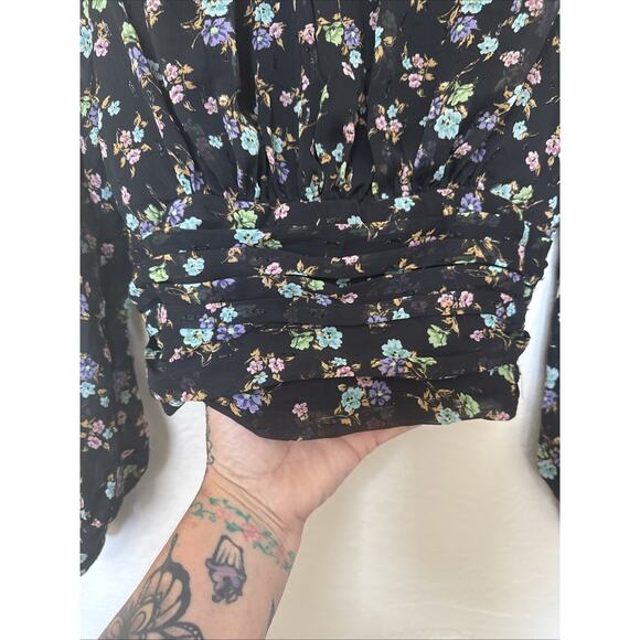 Zara Crop Black Sheer Floral Blouse Y2K Long Sleeve high mock neck keyhole sz S - Picture 3 of 15